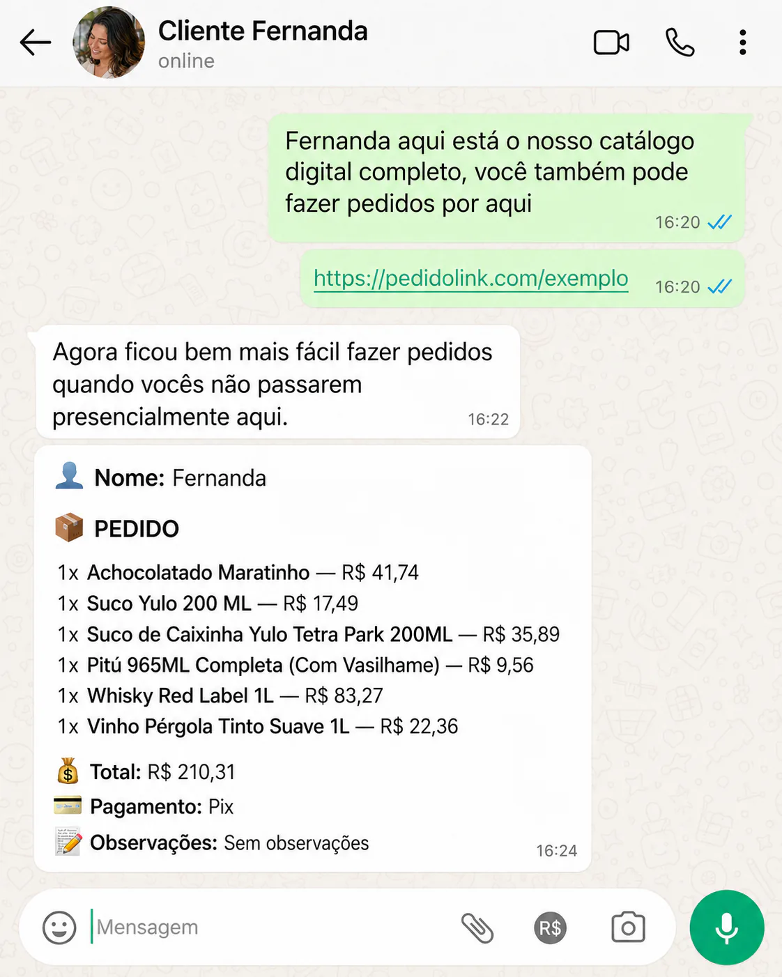 Conversa no WhatsApp com o link do catálogo e um pedido organizado de Fernanda