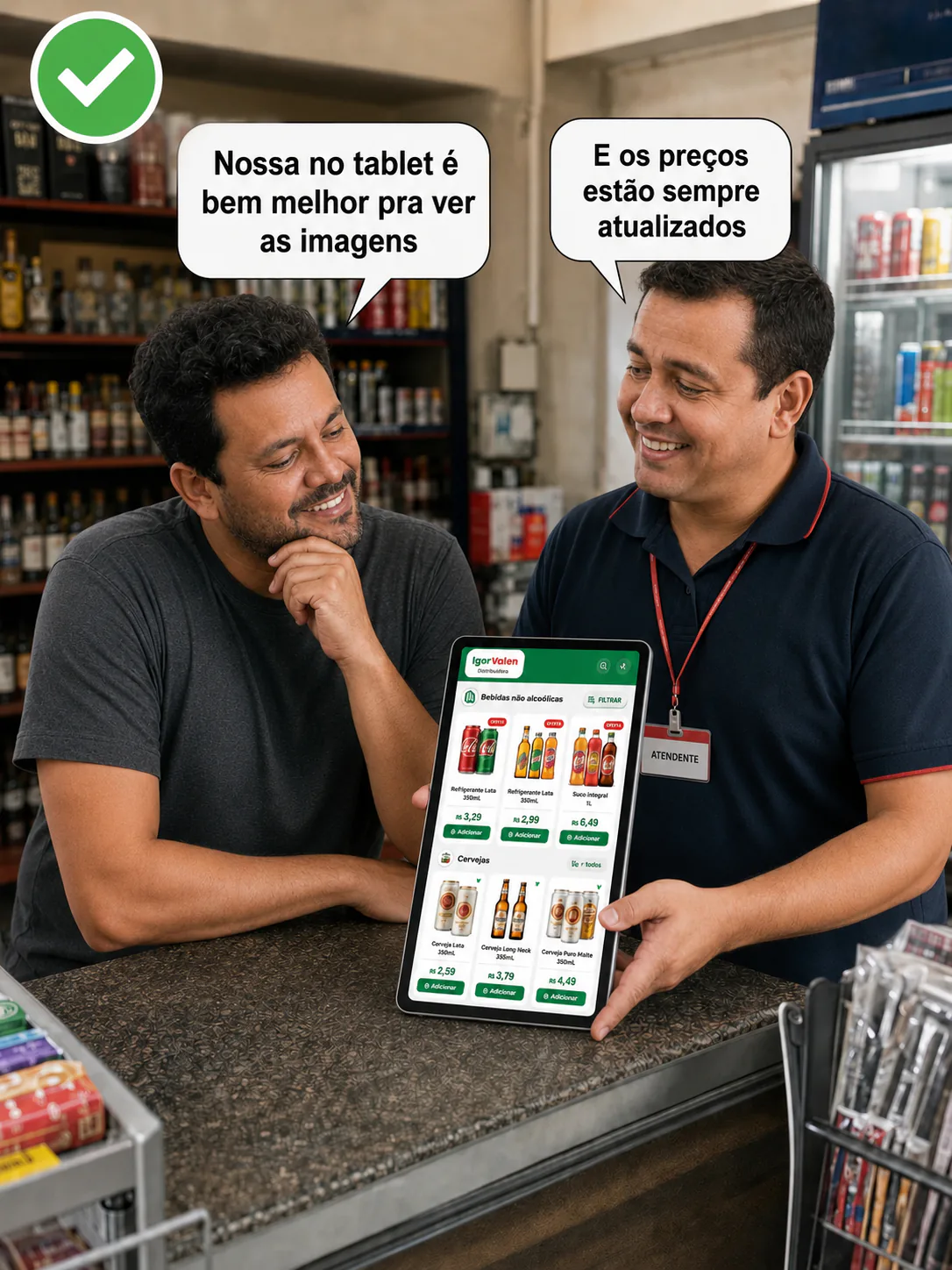 Cliente consultando um catálogo digital organizado no balcão