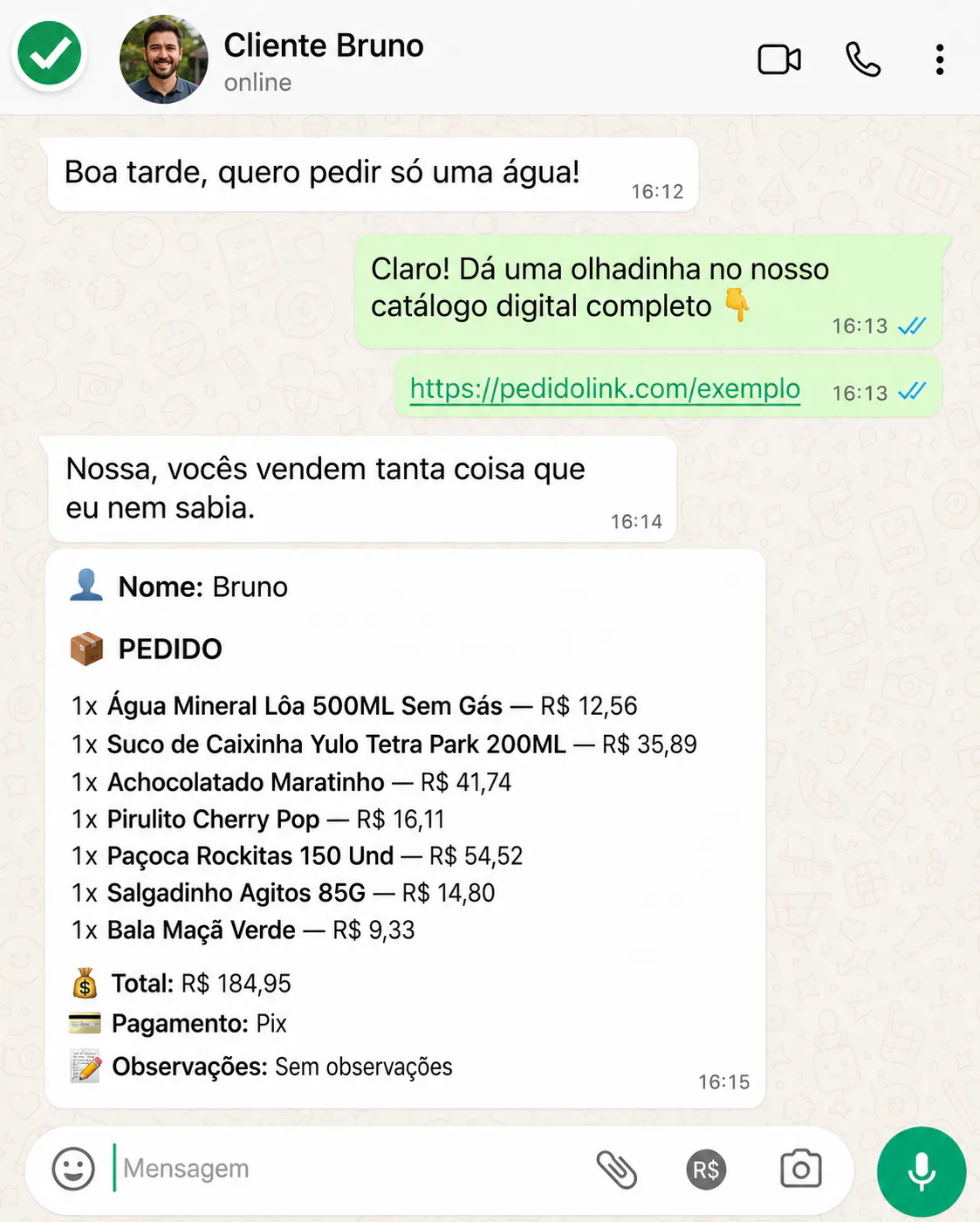 Conversa em que o catálogo revela outros produtos e ajuda o cliente a montar um pedido maior